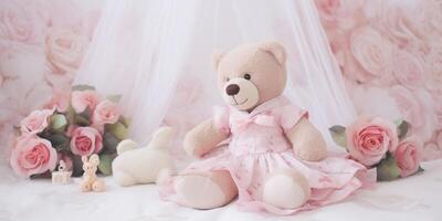 orsacchiotto orso con rosa fiori e rosa vestito ai generato foto