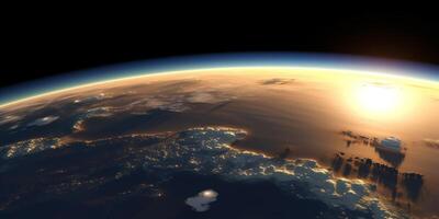 un' Visualizza di terra a partire dal spazio con sole su esso ai generato foto