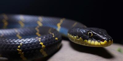 un' serpente con luminosa yelllow occhi e blu corpo ai generato foto