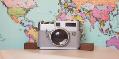 Vintage ▾ telecamera posto su carta geografica ai generato foto