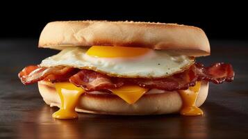 Bacon, uovo e formaggio prima colazione Sandwich su un' tostato inglese focaccina illustrazione ai generativo foto