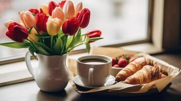 bellissimo colazione, pranzo con tazza di caffè e fresco Cornetti, tulipani illustrazione ai generativo foto