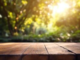 di legno tavolo superiore su sfocato natura sfondo - può essere Usato per Schermo o montaggio il tuo prodotti creato con generativo ai tecnologia foto