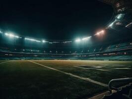 calcio stadio con luminosa luci e posti a sedere creato con generativo ai tecnologia foto