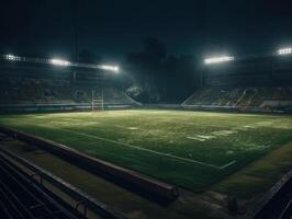 calcio stadio con luminosa luci e posti a sedere creato con generativo ai tecnologia foto