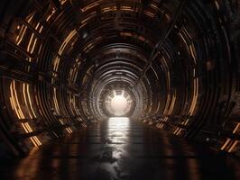 astratto futuristico tunnel corridoio con raggiante luci e riflessi scienza finzione stile creato con generativo ai tecnologia foto