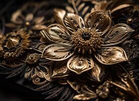 carta fatto fiori quilling mestiere tecnico nero e oro astratto sfondo Linee creato con generativo ai tecnologia foto