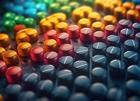 molti colorato pillole su un' buio sfondo geometrico composizione creato con generativo ai tecnologia foto