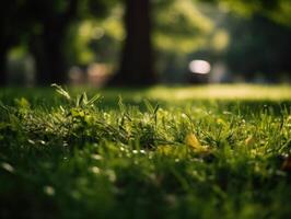 verde erba sfondo con bokeh. luce del sole nel il mattina. creato con generativo ai tecnologia foto