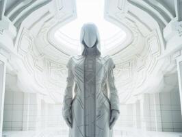 un' futuristico femmina indossatrice nel un' bianca vestito e maschera sta nel un' futuristico bianca camera interno simmetrico composizione creato con generativo ai tecnologia foto