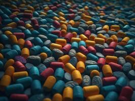 molti colorato pillole su un' buio sfondo geometrico composizione creato con generativo ai tecnologia foto