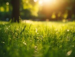 verde erba sfondo con bokeh. luce del sole nel il mattina. creato con generativo ai tecnologia foto