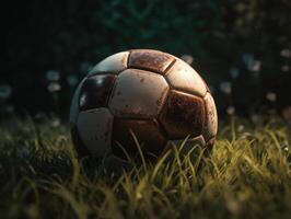 calcio palla su verde erba creato con generativo ai tecnologia foto