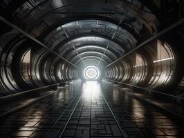 astratto futuristico tunnel corridoio con raggiante luci e riflessi scienza finzione stile creato con generativo ai tecnologia foto