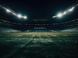 calcio stadio con luminosa luci e posti a sedere creato con generativo ai tecnologia foto