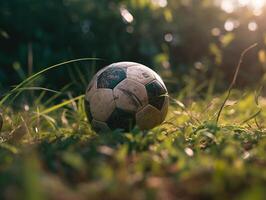 calcio palla su verde erba creato con generativo ai tecnologia foto