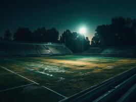 calcio stadio con luminosa luci e posti a sedere creato con generativo ai tecnologia foto