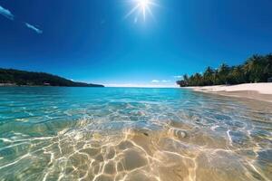 soleggiato spiaggia blu oceano sfondo. illustrazione ai generativo foto