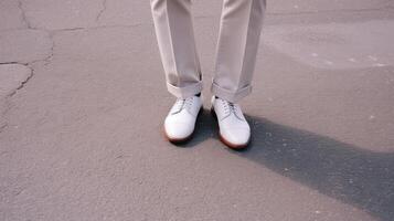 elegante uomo nel bianca scarpe su città strada illustrazione ai generativo foto