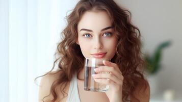 ragazza con bicchiere di acqua. illustrazione ai generativo foto