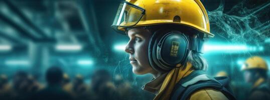 industriale ingegnere nel un' giallo protettivo casco. illustrazione ai generativo foto