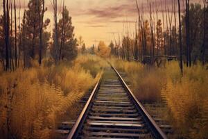 Ferrovia brani nel un' foresta paesaggio. illustrazione ai generativo foto