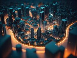 futuristico città paesaggio paesaggio urbano isometrico Visualizza notte città creato con generativo ai tecnologia foto