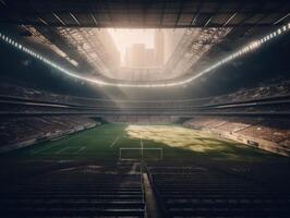 calcio stadio con luminosa luci e posti a sedere creato con generativo ai tecnologia foto