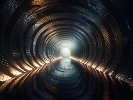 astratto futuristico tunnel corridoio con raggiante luci e riflessi scienza finzione stile creato con generativo ai tecnologia foto