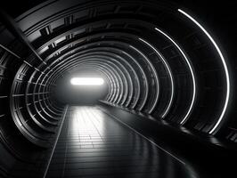 astratto futuristico tunnel corridoio con raggiante luci e riflessi scienza finzione stile creato con generativo ai tecnologia foto