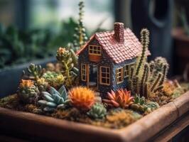 fantasia miniatura casa fiori succulente e cactus nel il giardino creato con generativo ai tecnologia foto