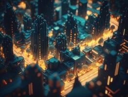 futuristico città paesaggio paesaggio urbano isometrico Visualizza notte città creato con generativo ai tecnologia foto