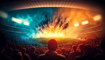 Visualizza dentro calcio stadio con fan su stadio gioco e pubblico persone celebrazione con luce sportiva colorato illuminazione sfondo, generativo ai foto