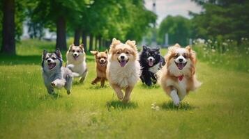 carino divertente cani gruppo in esecuzione e giocando su verde erba nel parco, generativo ai foto