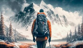 indietro Visualizza di un' uomo con zaino In piedi nel davanti di alto montagna copertina con neve, sfida concetto, ai generativo foto