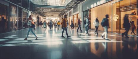 gruppo di persone partire shopping nel veloce movimento nel centro commerciale, generativo ai foto