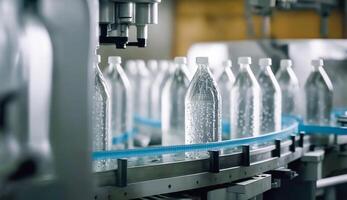 linea di imbottigliamento bevande nel plastica bottiglie su pulito leggero fabbrica, generativo ai foto