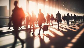 folla di persone a piedi nel aeroporto veloce in movimento con sole illuminazione sfondo, generativo ai foto