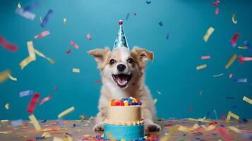 contento e divertente carino cane indossare festa cappello festeggiare compleanno e colorato coriandoli fluente su e un' nascita giorno torta su blu studio, generativo ai foto