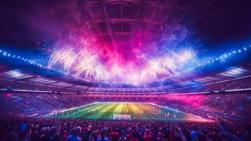 Visualizza dentro calcio stadio con fan su stadio gioco e pubblico persone celebrazione con riflettore colorato illuminazione sfondo, generativo ai foto