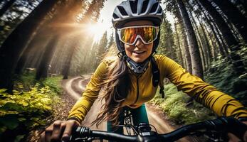 montagna bike donna equitazione su bicicletta nel estate montagne foresta paesaggio, ai generativo foto