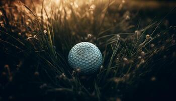 golf palla su verde tappeto erboso, un' Perfetto estate sport attività generato di ai foto