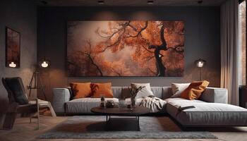 lusso moderno appartamento con elegante disegno, confortevole divano e illuminazione generato di ai foto