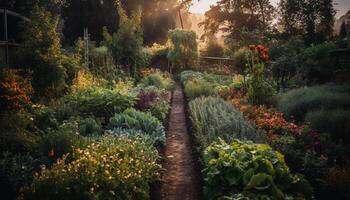 tranquillo scena di Multi colorato fiori nel paesaggistico formale giardino generato di ai foto