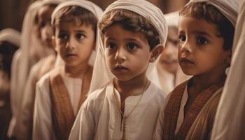 un' allegro gruppo di bambini sorridente e guardare a telecamera generato di ai foto