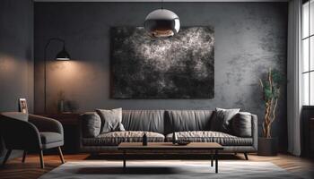 moderno vivente camera con confortevole divano, elegante arredamento, e illuminazione generato di ai foto