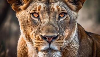 maestoso leonessa fissando, vicino su ritratto di bellezza nel natura generato di ai foto