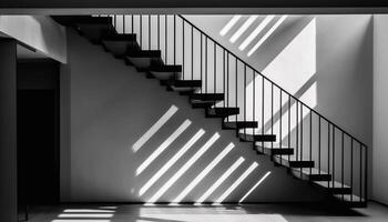 moderno scala design con metallo ringhiera e nero e bianca pavimentazione generato di ai foto