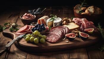 rustico italiano gastronomia carne, formaggio, frutta, e pane su tavolo generato di ai foto