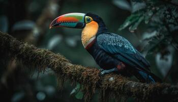 Multi colorato tucano perching su ramo nel tropicale foresta pluviale generato di ai foto